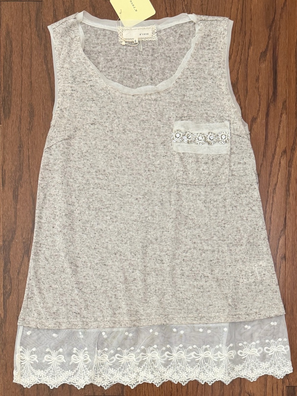 A'Reve NWT Rhinestone Pocket Sleeveless Boho Top Lace Trim Light Brown Small